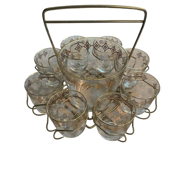 Jeannette Glass Atomic 10 Piece MCM Vintage Bar Set Glasses Ice Bucket Carrier - Picture 9 of 13
